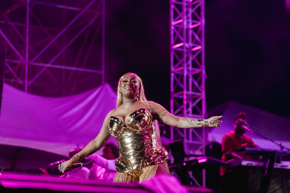 Shaneil Muir performing live in a gold stage outfit